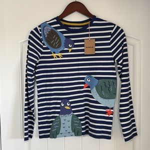 Mini Boden‎ Blue White Striped Birds Long Sleeve Tshirt Boys Size 11-12years
